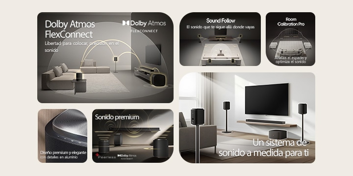1) LG Sound Suite with Dolby Atmos FlexConnect technology detects each speaker’s location for optimized surround sound. 2) Top-down view of a surround sound system with Sound Follow technology for optimal sound wherever you go. 3) LG Sound Suite Room Calibration analyzes the space and speaker positions to deliver the best surround sound system 4) Close up of LG Sound Suite speaker with metallic silver and black premium design. 5) LG Sound Suite with Dolby Atmos 3D spatial audio and Peerless units for premium sound. 6) A modern living room with wall mounted TV and LG Sound Suite surround sound system with AI-driven spatial audio adaptation.