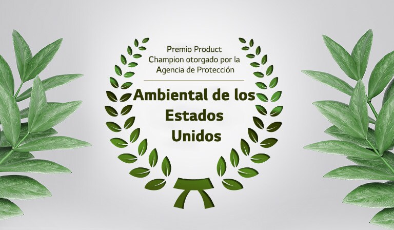 Imagen de una corona de laural verde alrededor del texto del premio EPA Product champion. A ambos lados de la imagen hay hojas verdes.