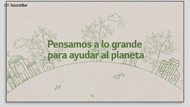 Un dibujo lineal en verde de casas y árboles y un texto de color verde «Thinking Bigger To Help the Planet» están sobre el dibujo lineal. Haz clic para ver el vídeo