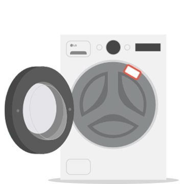 Muestra la lavadora/secadora y la ubicación del adhesivo con el código QR.