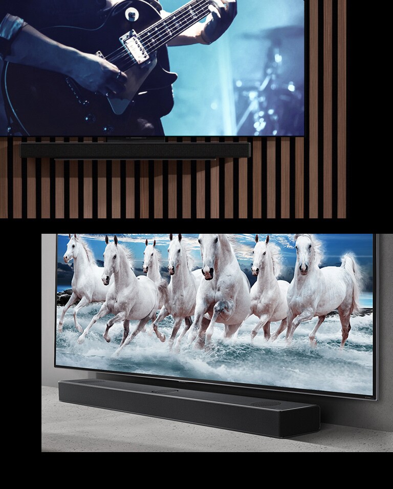 Como imagen de la tarjeta que muestra el diseño a juego de un televisor y una barra de sonido, la imagen de arriba muestra un TV y una barra de sonido instalados en la pared con una pantalla que muestra una escena de un guitarrista tocando bajo una luz azul, y abajo, un televisor y una barra de sonido colocados en un estante con una pantalla que muestra una imagen de un caballo blanco corriendo en una playa azul.