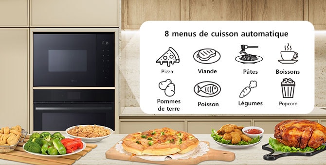 8 icônes alimentaires qui peuvent être cuisinées avec la fonction de cuisson automatique du micro-ondes.