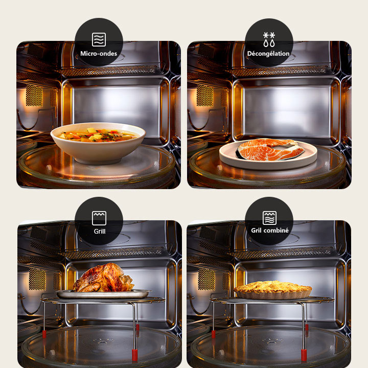 Alimlents en cours de cuisson selon les 4 modes de cuisson du micro-ondes et les 8 icônes de menus de Cuisson Auto.