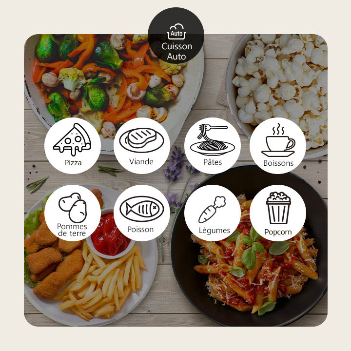 Alimlents en cours de cuisson selon les 4 modes de cuisson du micro-ondes et les 8 icônes de menus de Cuisson Auto.