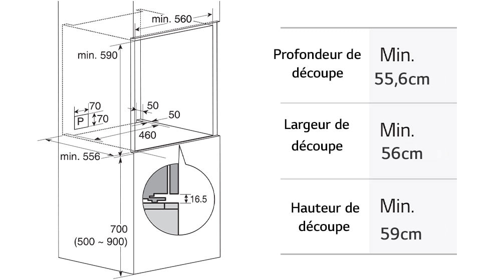 L'image montre les dimensions du four.