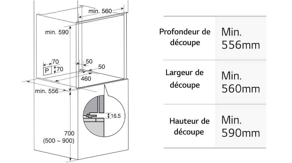 L'image montre les dimensions du four.