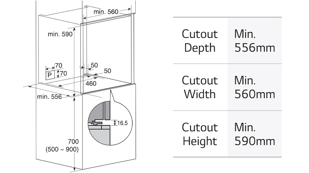L'image montre les dimensions du four.