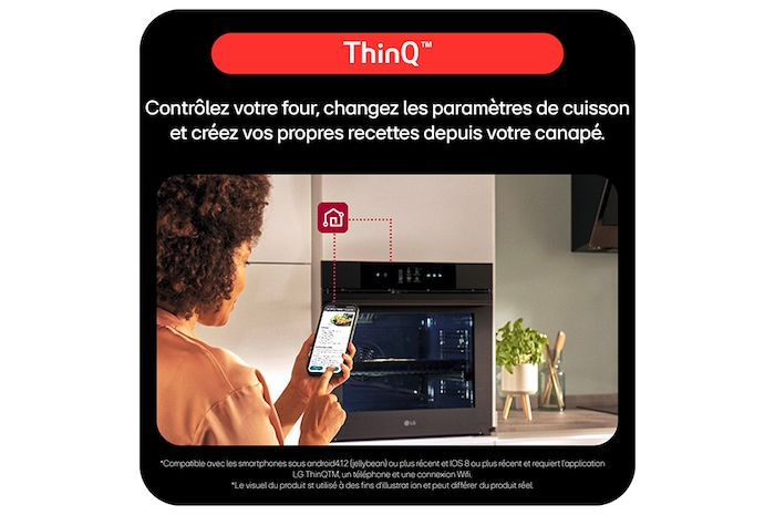 Four et smartphone connectés via ThinQ, avec icônes fonctions, diagnostics, surveillance, notifications et minuteur.