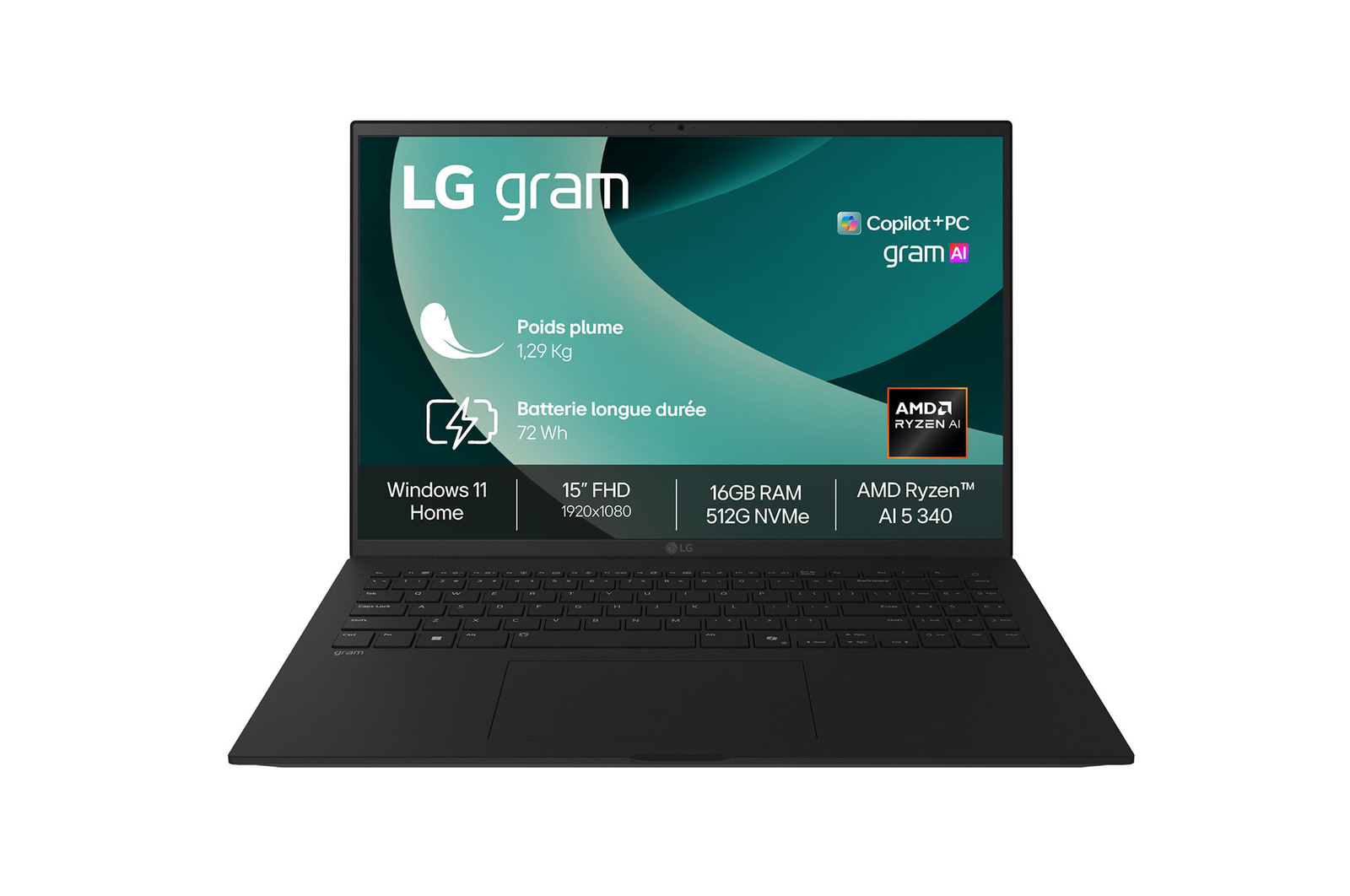 Vue avant de LG gram 15" Copilot+ PC | Windows 11 Home | AMD RyzenTM AI 5 340 | 16Go | 512Go LG 15Z80T-G.AS55F