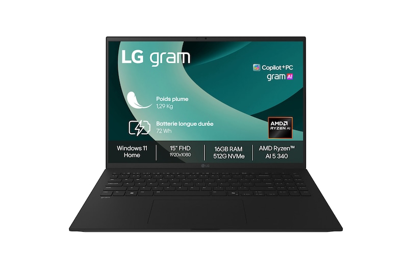 Vue avant de LG gram 15" Copilot+ PC | Windows 11 Home | AMD RyzenTM AI 5 340 | 16Go | 512Go LG 15Z80T-G.AS55F