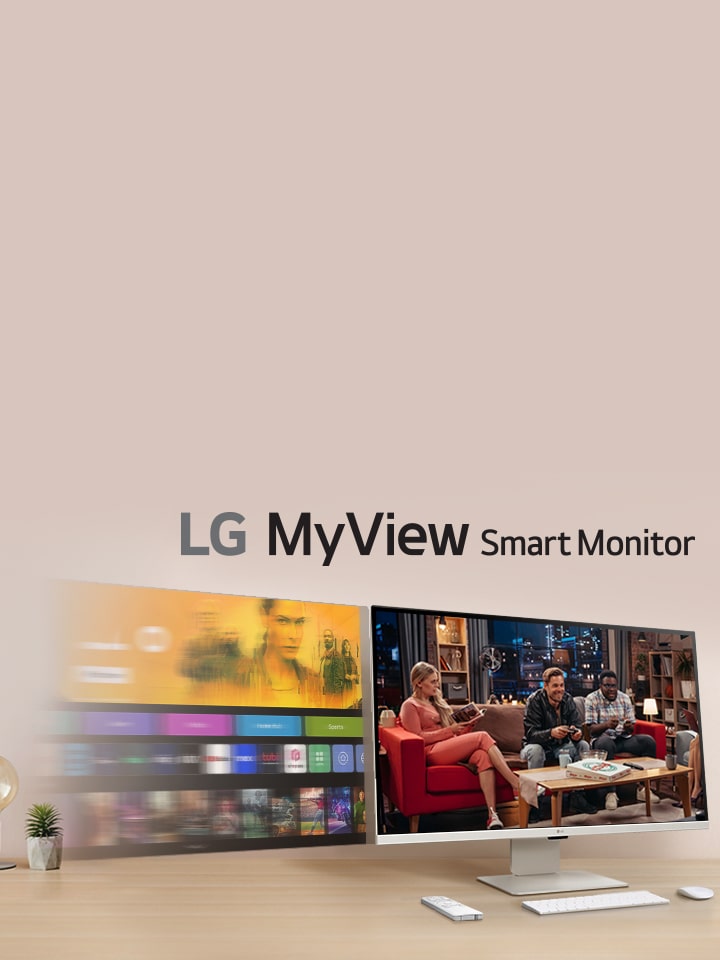 Présentation de MyView Smart Monitor avec un fond d'écran, des menus et une inclinaison d'écran possible