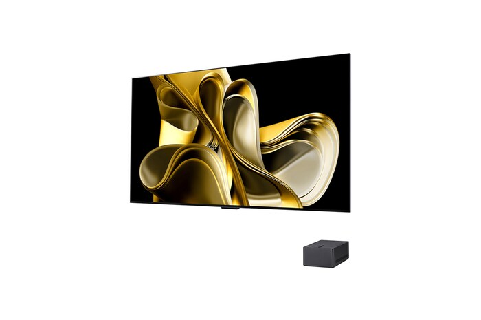 Vue latérale légèrement inclinée vers la gauche de la LG OLED M3 sur le mur avec le boîtier Zero Connect Box en dessous