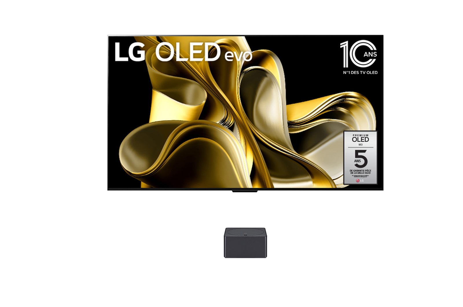 Vue de face avec LG OLED M3 et Zero Connect Box en dessous, l'emblème OLED 10 ans numéro 1 mondial, LG OLED evo, et le logo de la garantie de 5 ans sur l'écran.