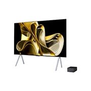 Vue latérale légèrement inclinée vers la gauche de la LG OLED M3 sur le mur avec le boîtier Zero Connect Box en dessous