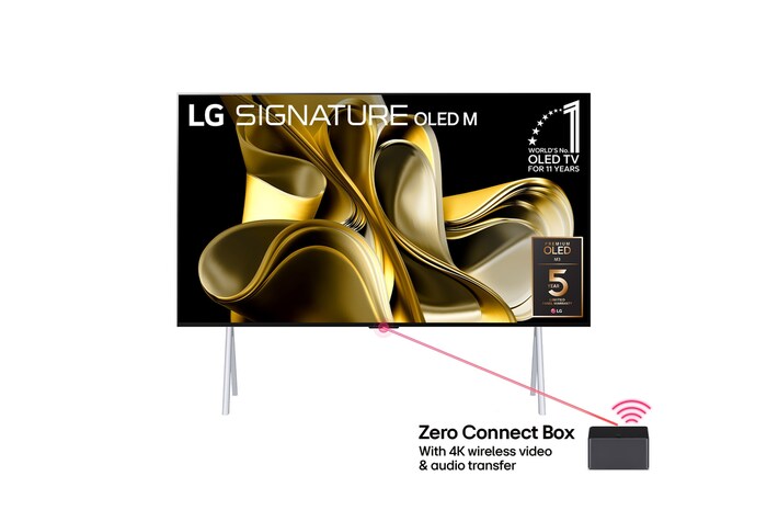 Vue de face avec LG OLED M3 et Zero Connect Box en dessous, l'emblème OLED 10 ans numéro 1 mondial, LG OLED evo, et le logo de la garantie de 5 ans sur l'écran.
