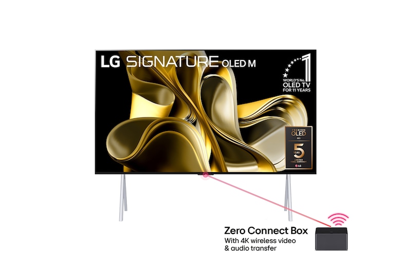 Vue de face avec LG OLED M3 et Zero Connect Box en dessous, l'emblème OLED 10 ans numéro 1 mondial, LG OLED evo, et le logo de la garantie de 5 ans sur l'écran.