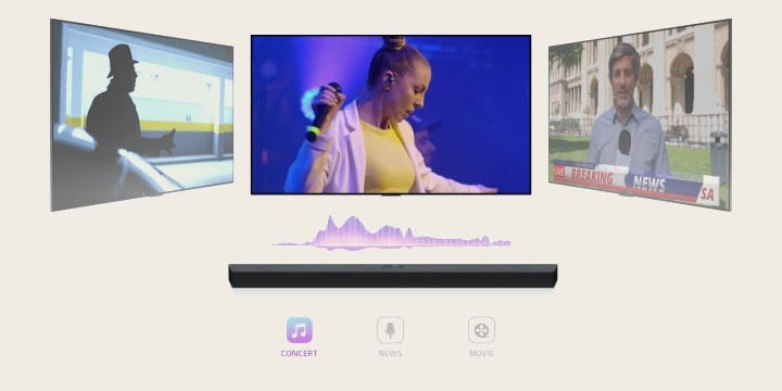 La LG Soundbar montre trois écrans TV différents. Le premier positionné directement au-dessus diffuse un concert de musique avec une chanteuse. L’écran TV diffusant un journal télévisé passe au milieu et se met en marche. Puis, l’écran TV diffusant une scène d’action avec une femme montant les escaliers en courant passe au milieu et se met en marche. Entre la TV et la barre de son, une onde sonore est émise et change la couleur, qui correspond au genre, chaque fois que la télévision passe d’un écran à un autre. 