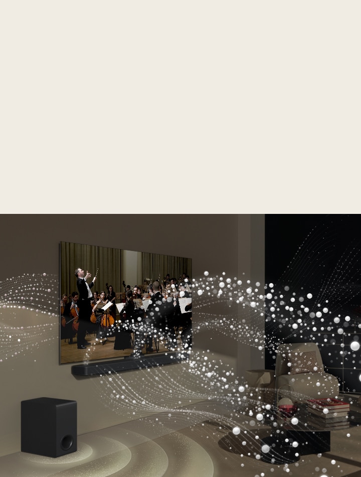 Un concert confortable dans un salon est diffusé à l'écran. Le menu de l'interface WOW apparaît en surimpression et l'utilisateur navigue vers les paramètres de la barre de son.