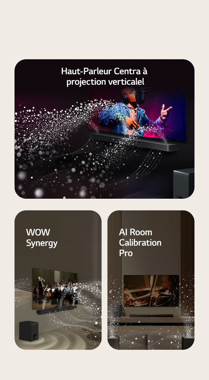 LG TV et LG Soundbar à l’œuvre dans un séjour. Des vagues blanches de gouttelettes représentant des ondes sonores sont projetées vers le haut et vers l'avant depuis la barre de son et la TV, alors que le caisson de basse crée un effet sonore partant du bas.