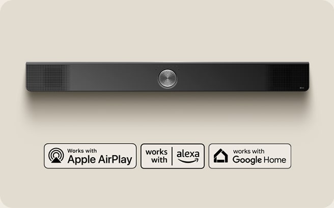 [description de l'image uniqument, traduction non necessaire] Vue de dessus d'une LG Soundbar. Logo Apple AirPlay Logo Amazon Alexa Logo Google Home