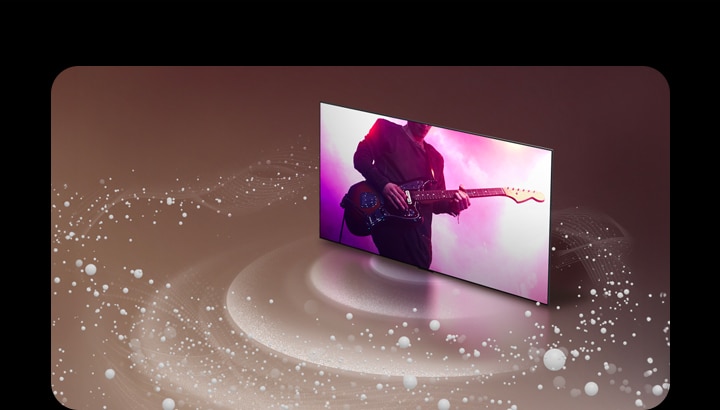 Un téléviseur LG OLED affichant une performance de guitare flotte sur un fond mauve clair. Des bulles et ondes sonores sont émises par l’écran et remplissent l’espace.