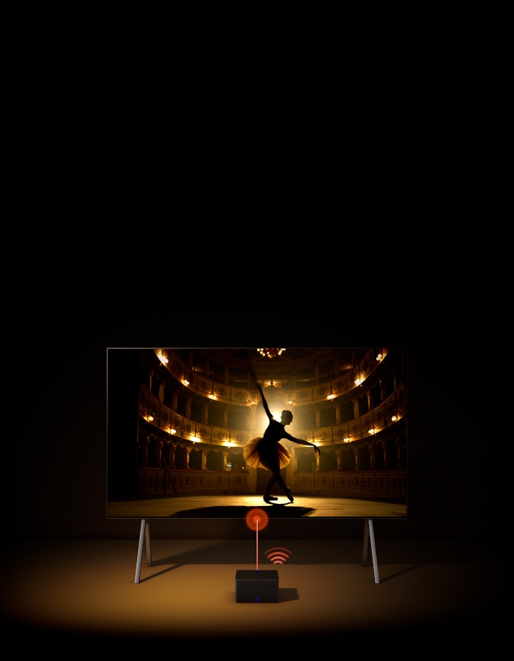 Vue aérienne d'un téléviseur LG OLED sur pied et du boîtier Zero Connect Box. Un logo de connectivité rouge et un signal entre apparaissent au-dessus du boîtier, le connectant à l'écran du téléviseur. L'écran du TV s'allume, une vue change pour une vue frontale, montrant une ballerine dansant en solo sur la scène.