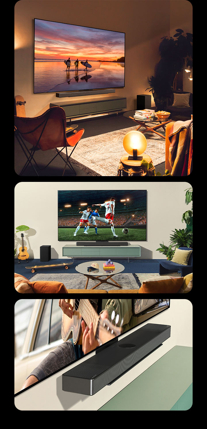 Trois images sont présentées en séquence. Tout d'abord, une vue de profil du LG OLED evo C4 montrant une photographie de paysage dans un salon décontracté et de style bohème avec des lumières chaudes. Ensuite, deux femmes apprécient et encouragent le match de football qui se déroule sur le LG OLED evo C4 dans un salon lumineux et décontracté. La barre de son LG SC9 se fixe parfaitement au téléviseur. Enfin, une vue en angle du LG OLED evo C4 fixé à la Barre de son LG SC9 avec le support Synergy.