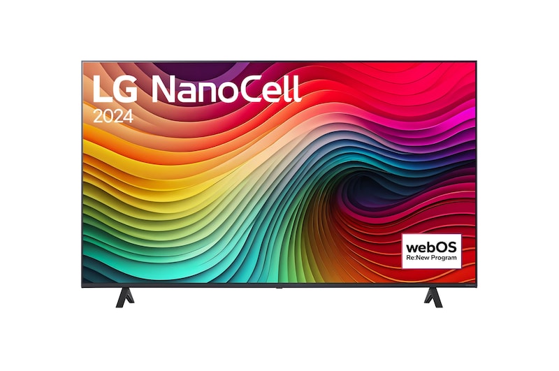 Vue de face du TV LG NanoCell, NANO81 avec le texte LG NanoCell, 2024 et le logo webOS Re:New Program à l’écran.