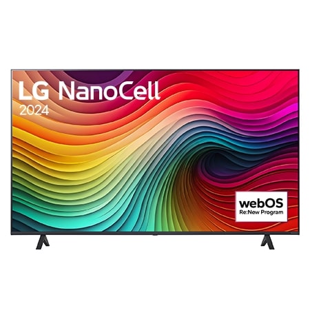 Vue de face du TV LG NanoCell, NANO81 avec le texte LG NanoCell, 2024 et le logo webOS Re:New Program à l’écran.