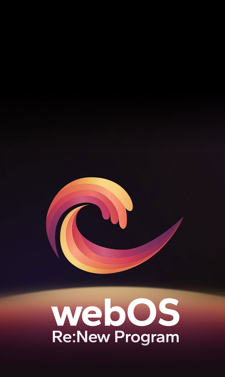 Le logo du programme webOS Re:New sur un fond noir avec une sphère circulaire jaune, orange et violette au bas.