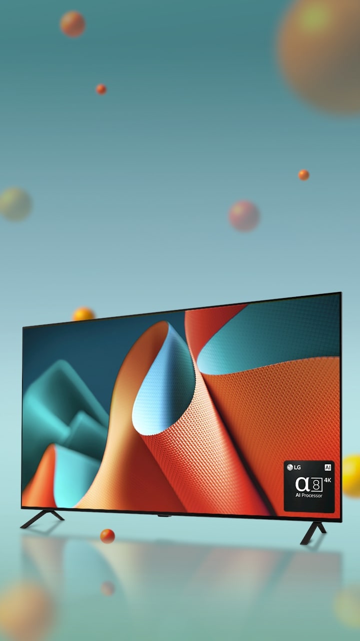 Le LG OLED B4E tourné à 45 degrés vers la droite, avec à l’écran une œuvre d’art abstraite bleu et orange sur une toile de fond bleu avec des sphères en 3D. La TV OLED pivote pour apparaître de face. En bas à droite, on voit un logo du processeur LG alpha 8 AI 4K.