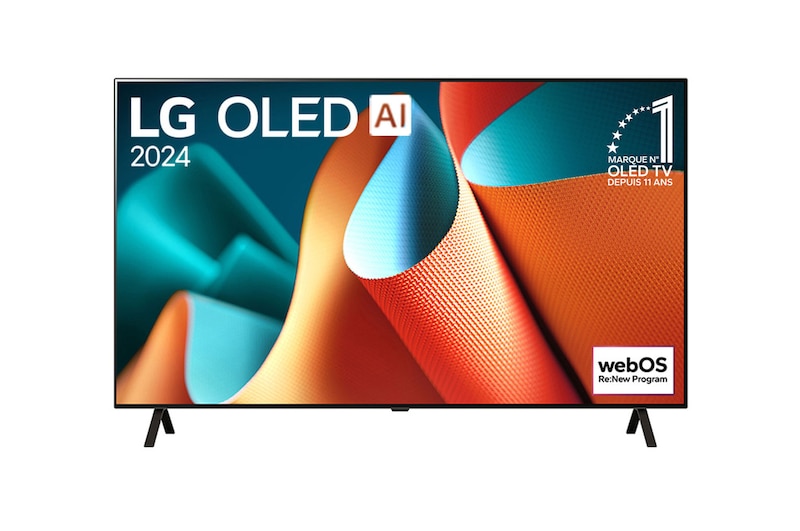 Téléviseur OLED LG, OLED ai B4E, badge OLED n°1 mondial depuis 11 ans et WebOS Re: vue de face du nouveau logo du programme avec support 2 pôles sur l’écran