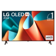 Téléviseur OLED LG, OLED ai B4E, badge OLED n°1 mondial depuis 11 ans et WebOS Re: vue de face du nouveau logo du programme avec support 2 pôles sur l’écran