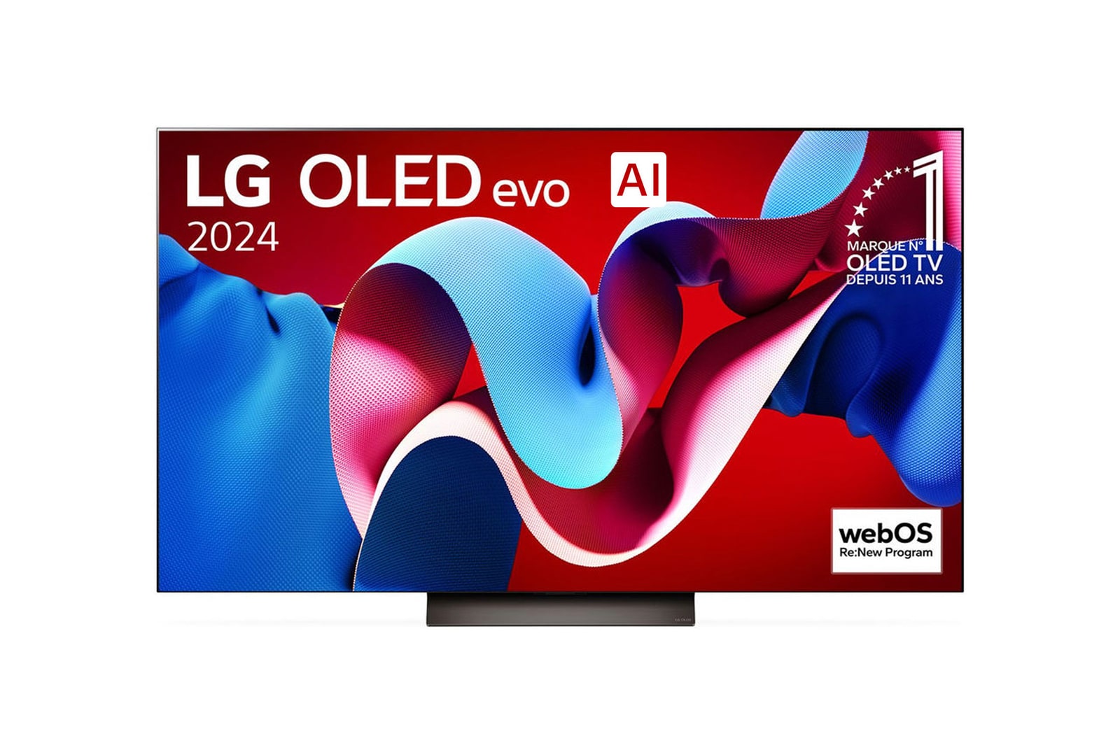 Vue de face de la TV OLED evo LG, OLED C4, logo de l’emblème OLED numéro 1 dans le monde pendant 11 ans et logo du programme webOS Re:New à l’écran.