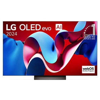 Vue de face avec la TV OLED evo LG, OLED C4, logo de l’emblème OLED numéro 1 dans le monde pendant 11 ans et logo du programme webOS Re:New à l’écran, ainsi que de la barre de son dessous