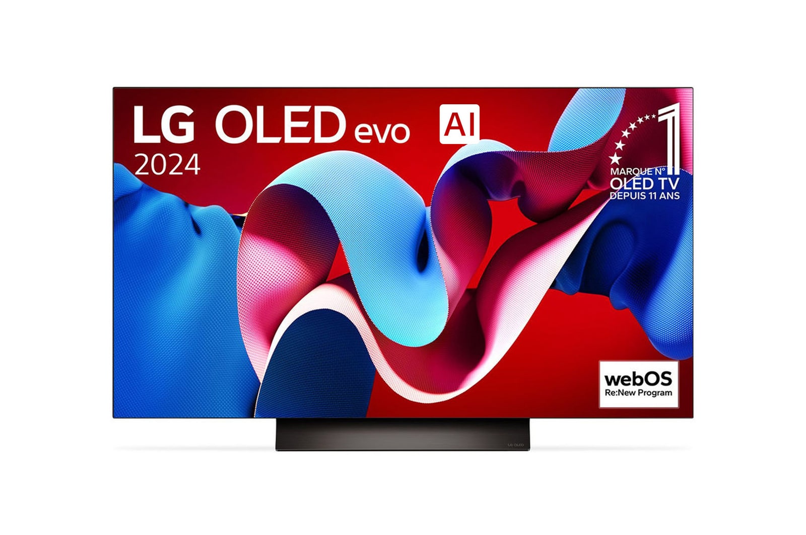 Vue de face avec la TV OLED evo LG, OLED C4, emblème OLED numéro 1 dans le monde pendant 11 ans et logo du programme webOS Re:New à l’écran.