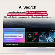 Sur un écran de LG OLED TV, se trouve la page d’accueil webOS 25 remplie d’applications et de contenu de divertissement. La TV est équipée de la télécommande AI Magic Remote LG, le bouton IA est mis en évidence comme s’il était activé par la voix de l’utilisateur. Une bulle de texte se trouve à côté, passant à mon compte. Le texte court explique comment les utilisateurs peuvent désormais synchroniser leur voix à leur profil personnel pour profiter d’une navigation plus facile et de recommandations personnalisées.