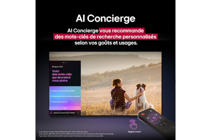 Télécommande AI Magic Remote LG au premier plan. L’icône du bouton IA est mise en évidence. En arrière-plan, se trouve l’interface utilisateur webOS de LG. Le curseur de la souris indique que la télécommande est utilisée. Le texte explique comment les fonctions et contrôles de la télécommande facilitent la navigation sur webOS.