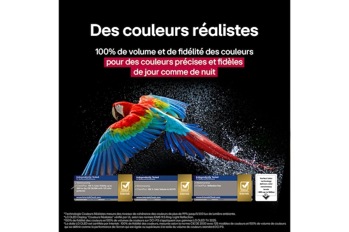 Des feux d’artifice éblouissants et colorés sont affichés sur un écran de TV. Cela démontre une fidélité de couleur de 100 %, avec des couleurs précises même en plein soleil.  La certification du logo est visible, la technologie Perfect Color offre des niveaux d’uniformité des couleurs supérieurs à 99 % jusqu’à 500 lux. Les certifications Intertek montrant des tests indépendants sont également à côté.