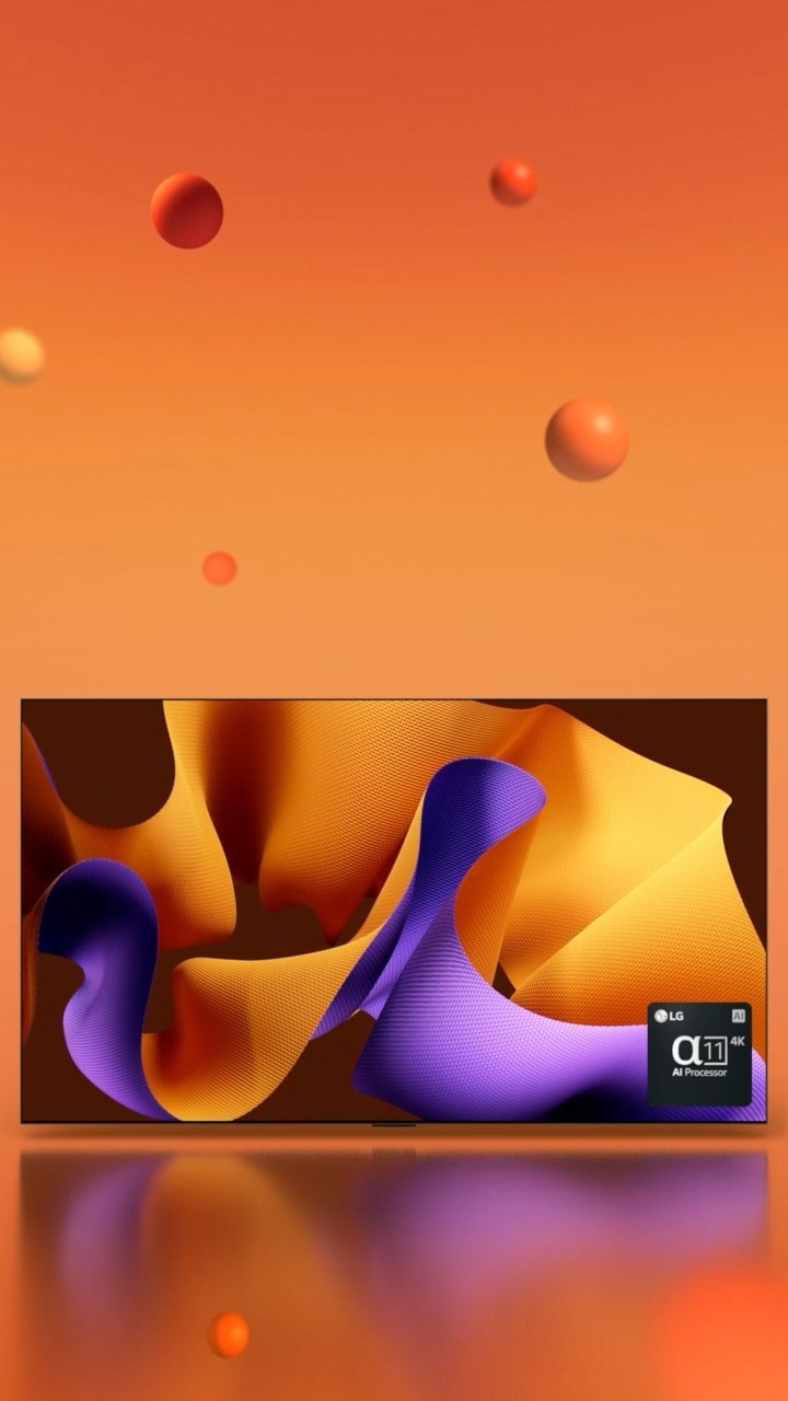 Le LG OLED G4 orientée à 45 degrés vers la droite avec une œuvre d’art abstraite violette et orange à l’écran sur un fond orange avec des sphères en 3D, puis le TV OLED pivote pour nous faire face. En bas à droite, on voit un logo du processeur LG alpha 11 AI.
