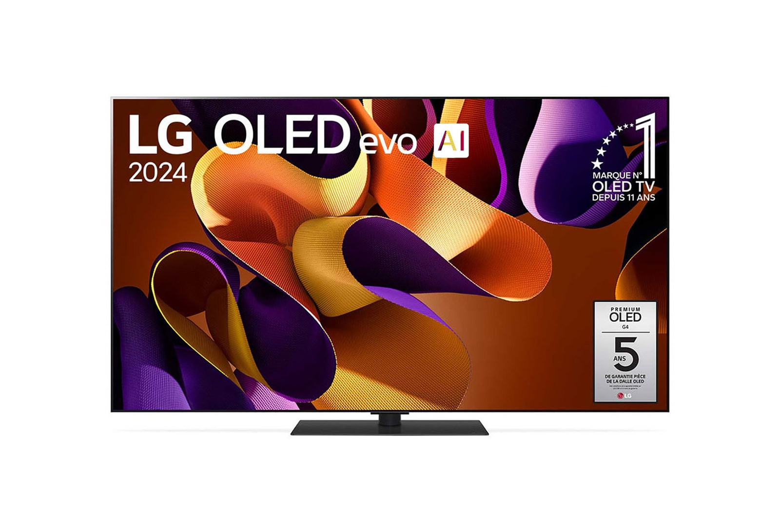 Vue de face avec la TV OLED evo LG, OLED G4, emblème OLED numéro 1 dans le monde pendant 11 ans et logo de la garantie de panneau de 5 ans à l’écran.