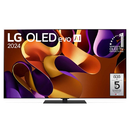 Front view with LG OLED evo TV, OLED G4, 11 Years of world number 1 OLED Emblem, and 5-Year Panel Warranty logo on screen