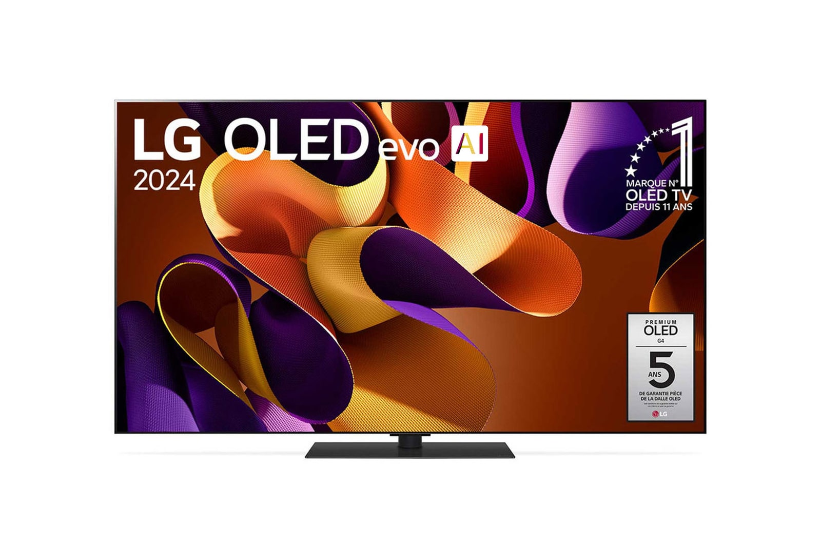Vue de face avec la TV OLED evo LG, OLED G4, emblème OLED numéro 1 dans le monde pendant 11 ans et logo de la garantie de panneau de 5 ans à l’écran.