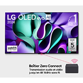 Vue de face avec une TV LG OLED evo AI, OLED M4, emblème OLED numéro 1 dans le monde pendant 11 ans, logo du programme webOS Re:New et boîtier Zero Connect avec transfert audio et vidéo sans fil 4K 144 Hz connecté à une TV, et un signal WiFi émis par le boîtier.