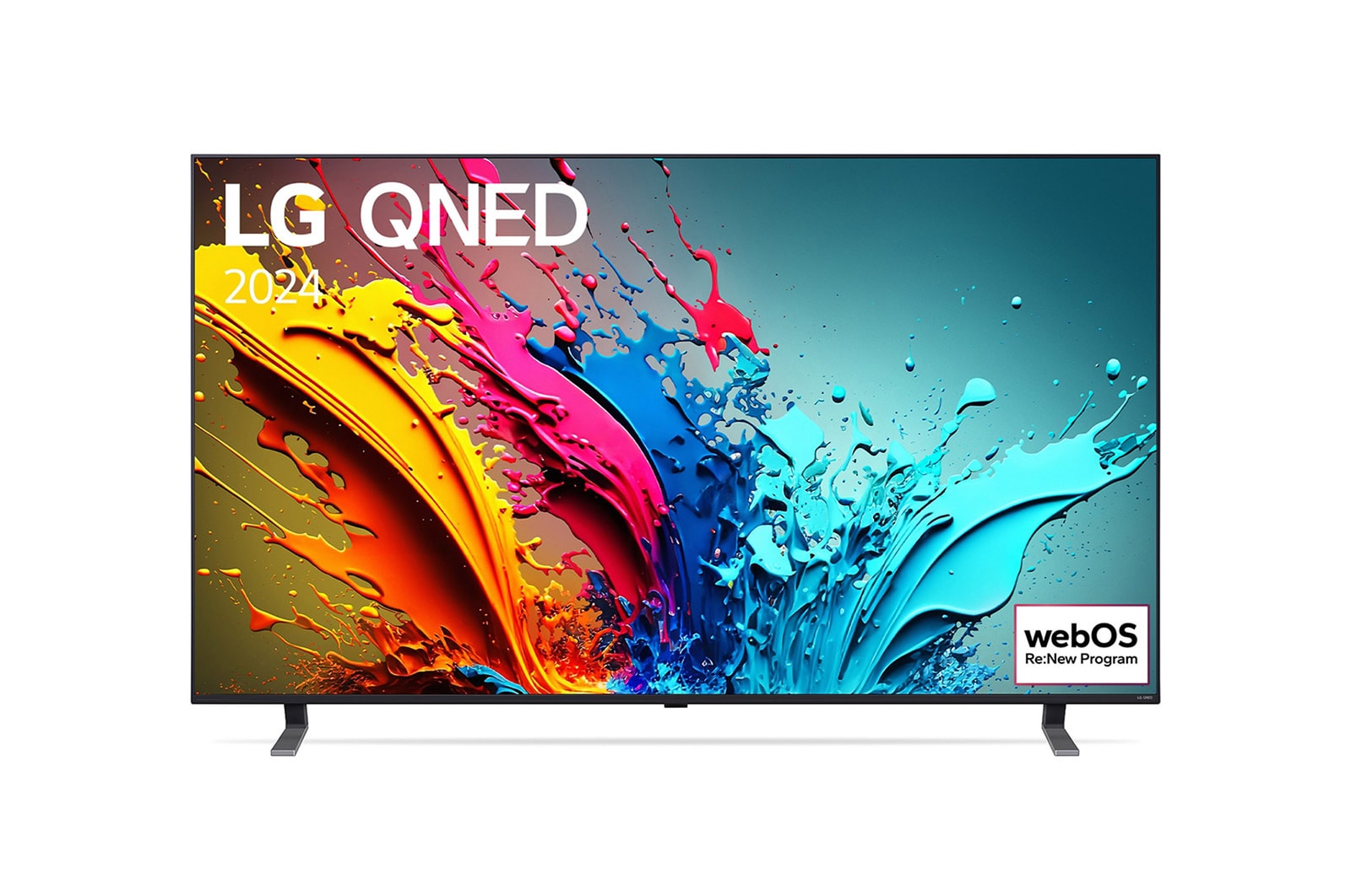 Vue de face de la TV LG QNED, QNED85 avec le texte LG QNED, 2024 et le logo webOS Re:New Program à l’écran.