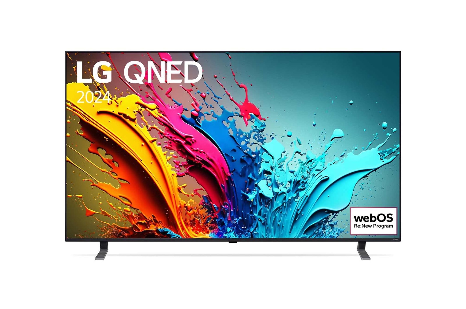 Vue de face de la TV LG QNED, QNED85 avec le texte LG QNED, 2024 et le logo webOS Re:New Program à l’écran.