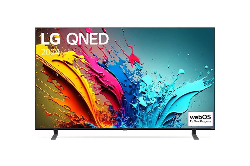 Vue de face du TV LG QNED, série QNED85 avec le texte LG QNED, 2024 et le logo webOS Re:New Program à l’écran.