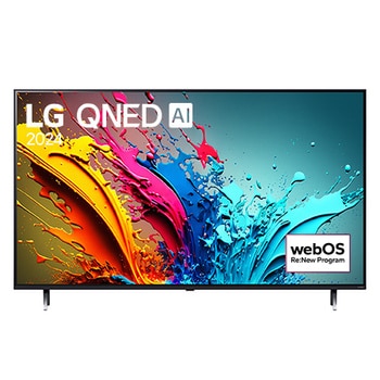 Vue de face du TV LG QNED, série QNED85 avec le texte LG QNED, 2024 et le logo webOS Re:New Program à l’écran.