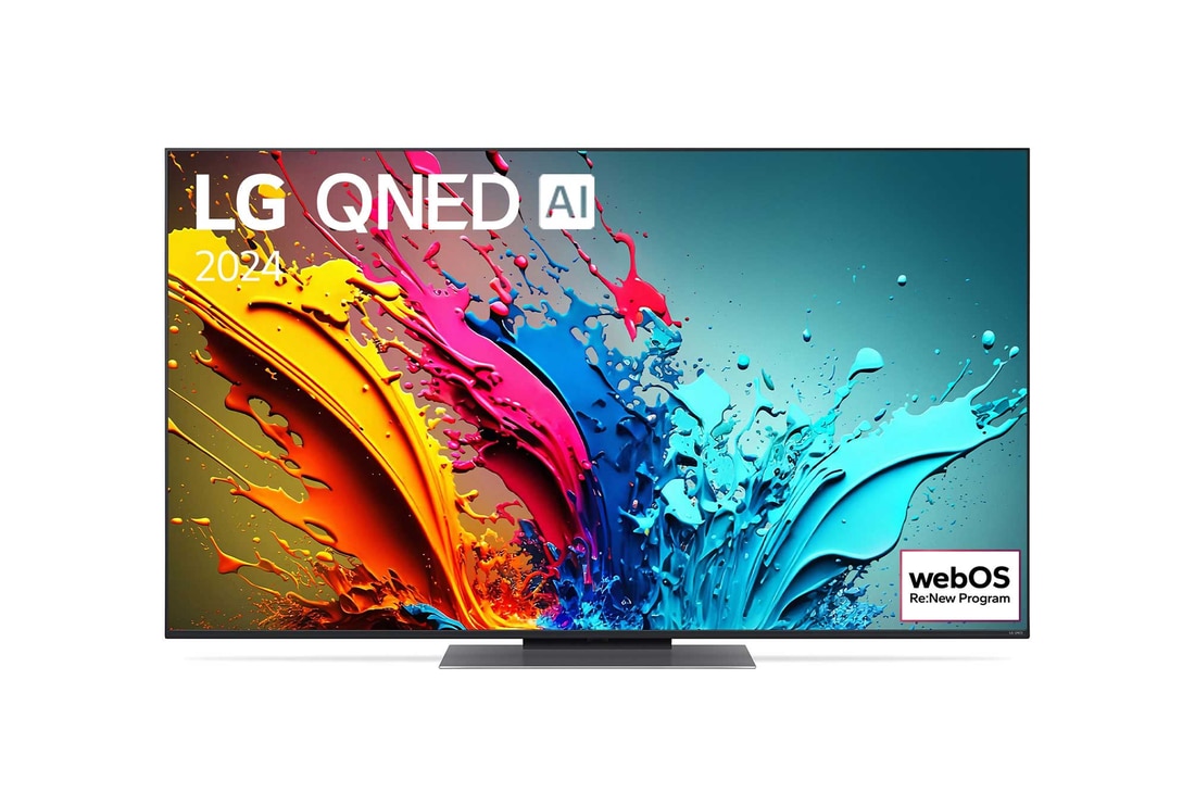 Vue de face du TV LG QNED, série QNED85 avec le texte LG QNED, 2024 et le logo webOS Re:New Program à l’écran.