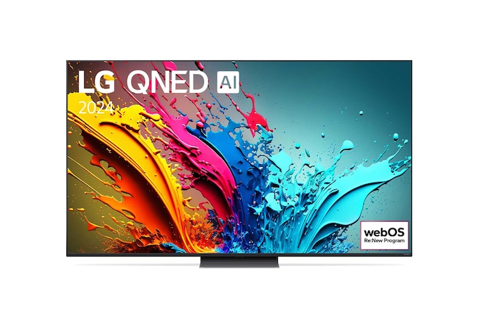 Vue de face du TV LG QNED, QNED86 avec le texte LG QNED, 2024 et le logo webOS Re:New Program à l’écran.